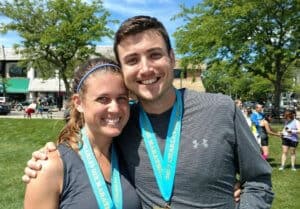 Charlevoix Marathon finish line with medals