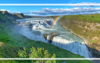 Best time to Visit Iceland header. Gulfoss waterfall with rainbow in summer.