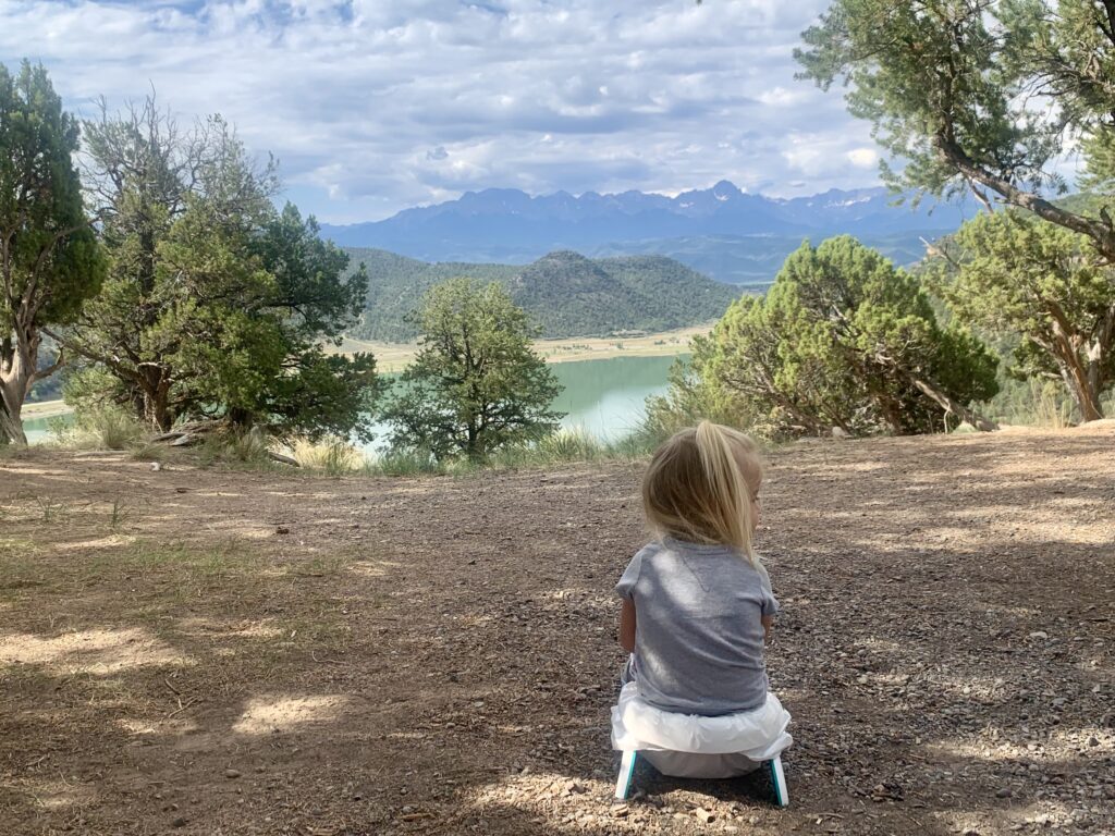 Toddler using a travel potty while camping