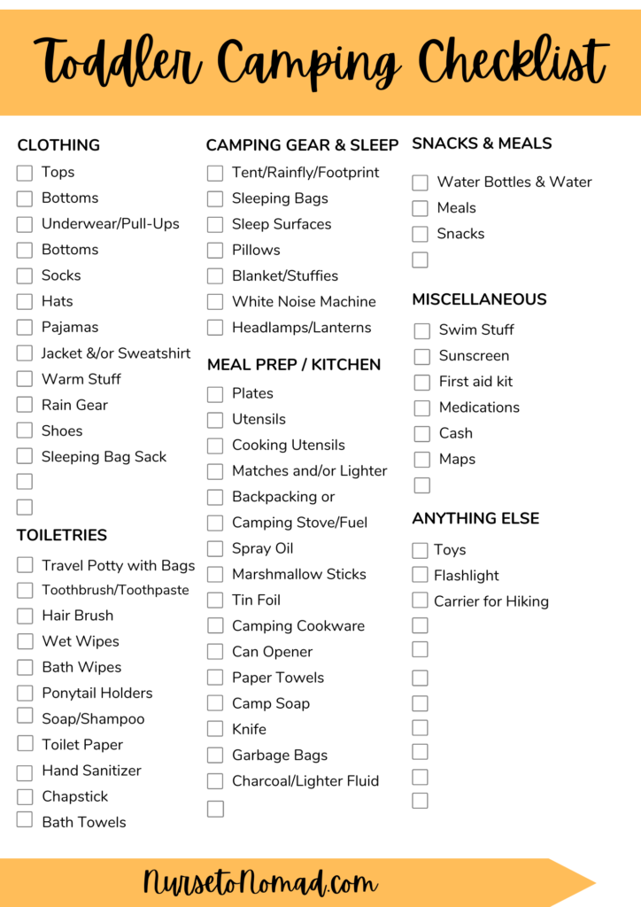 camping with toddlers checklist for packing