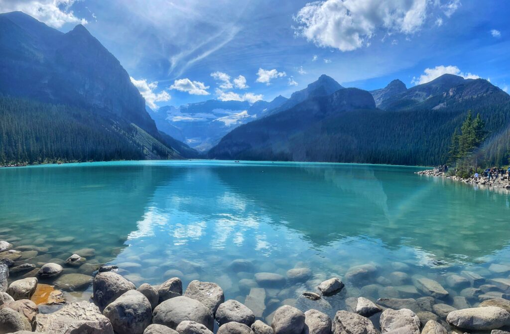 lake louise banff mountain reflections and rocks