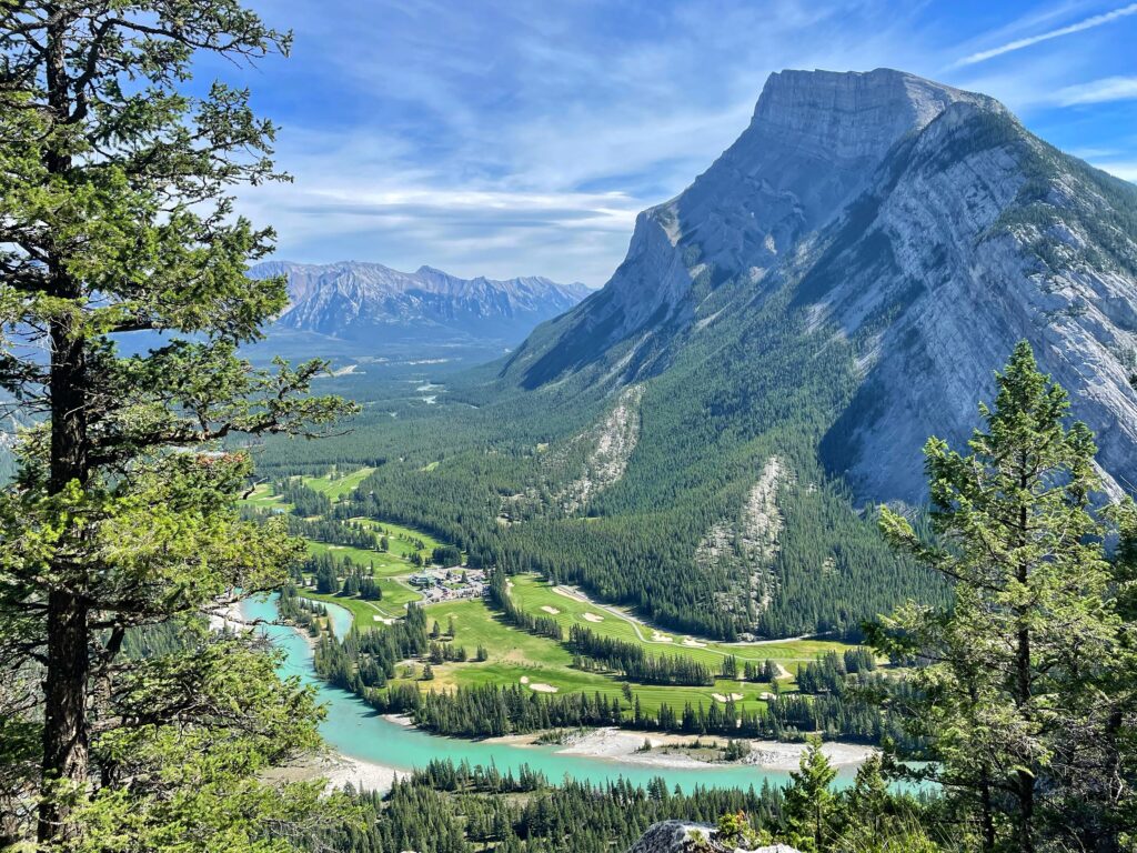 view from river and mountains from the top of Tunnel mountain banff